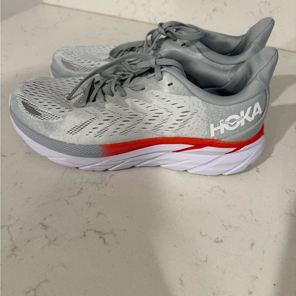 Hoka Light Gray and Red Running Shoes